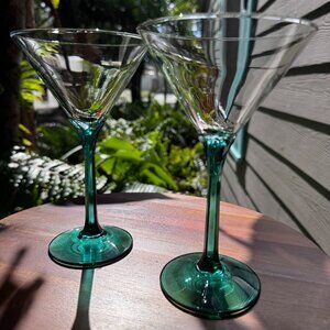 Set of 2 Vintage Libbey Domaine Green "Juniper" Stem Martini Glasses
